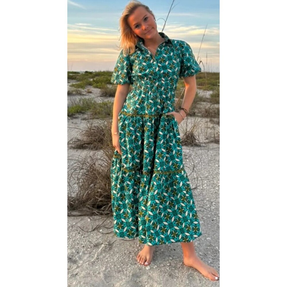 BROOKS AVE Banyan Street Puff Sleeve Dress Small Poppy Teal Pockets Button Front